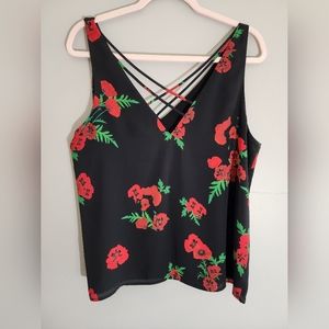 EXPRESS - L - BLACK AND RED FLORAL TANK TOP